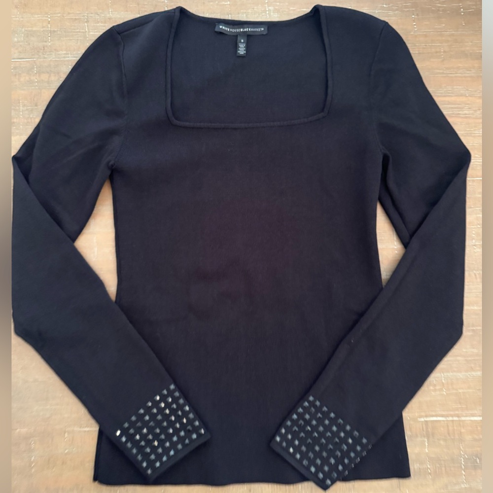 Like new White House Black Market Small Black Long Sleeve Top with Studded Cuffs